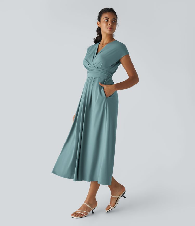 Breezeful™ Robe Casual Mi-Longue Col en V Manches Courtes Poche Latérale Nouée au Dos Séchage Rapide