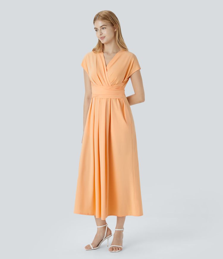 Breezeful™ Kurzärmliges Midi-Freizeitkleid mit V-Ausschnitt, Seitentaschen und Bindeband hinten - schnelltrocknend