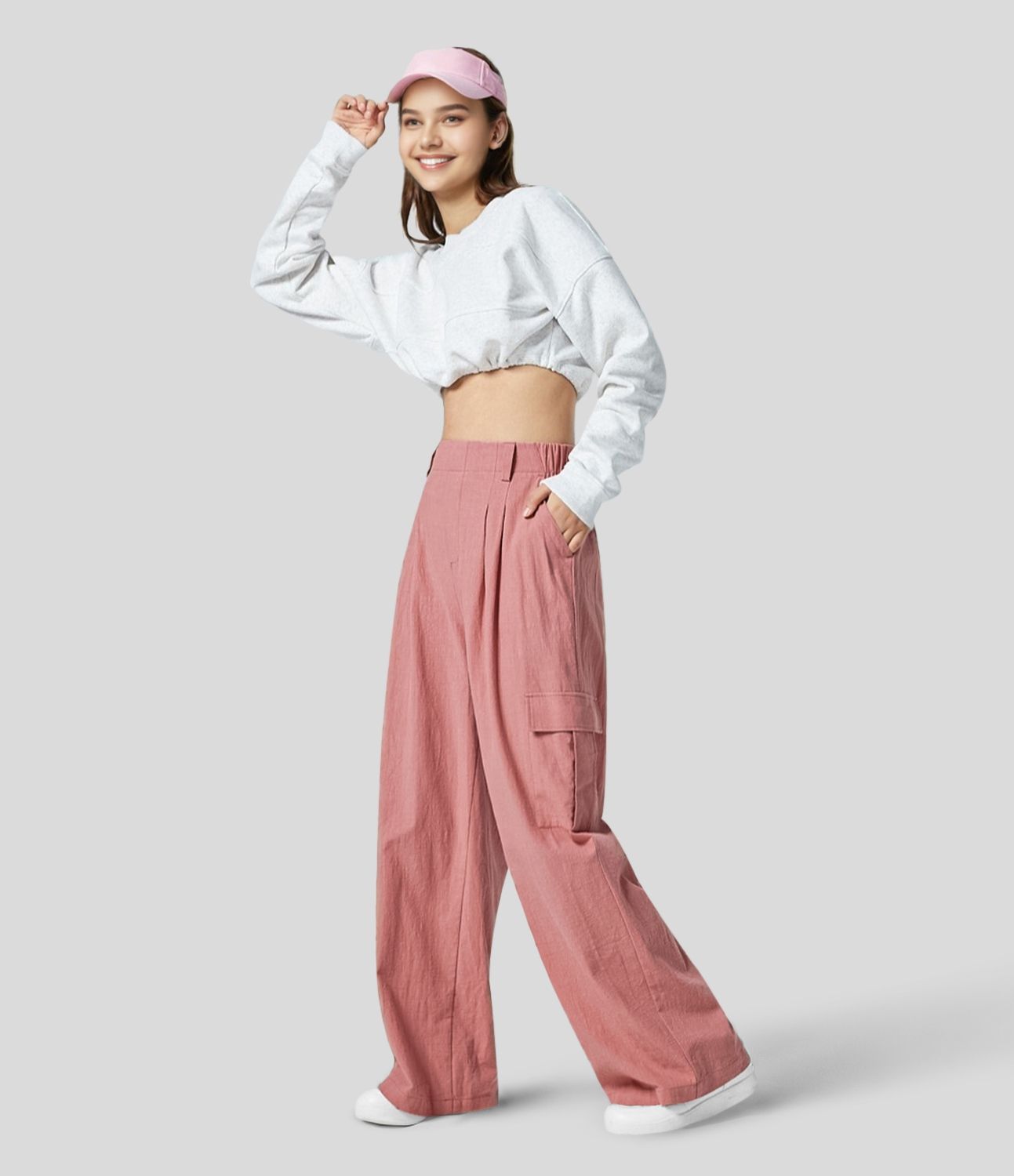 Pantalon Palazzo Fluide à Taille Haute avec Plis et Multiples Poches, Style Décontracté, Aspect Lin
