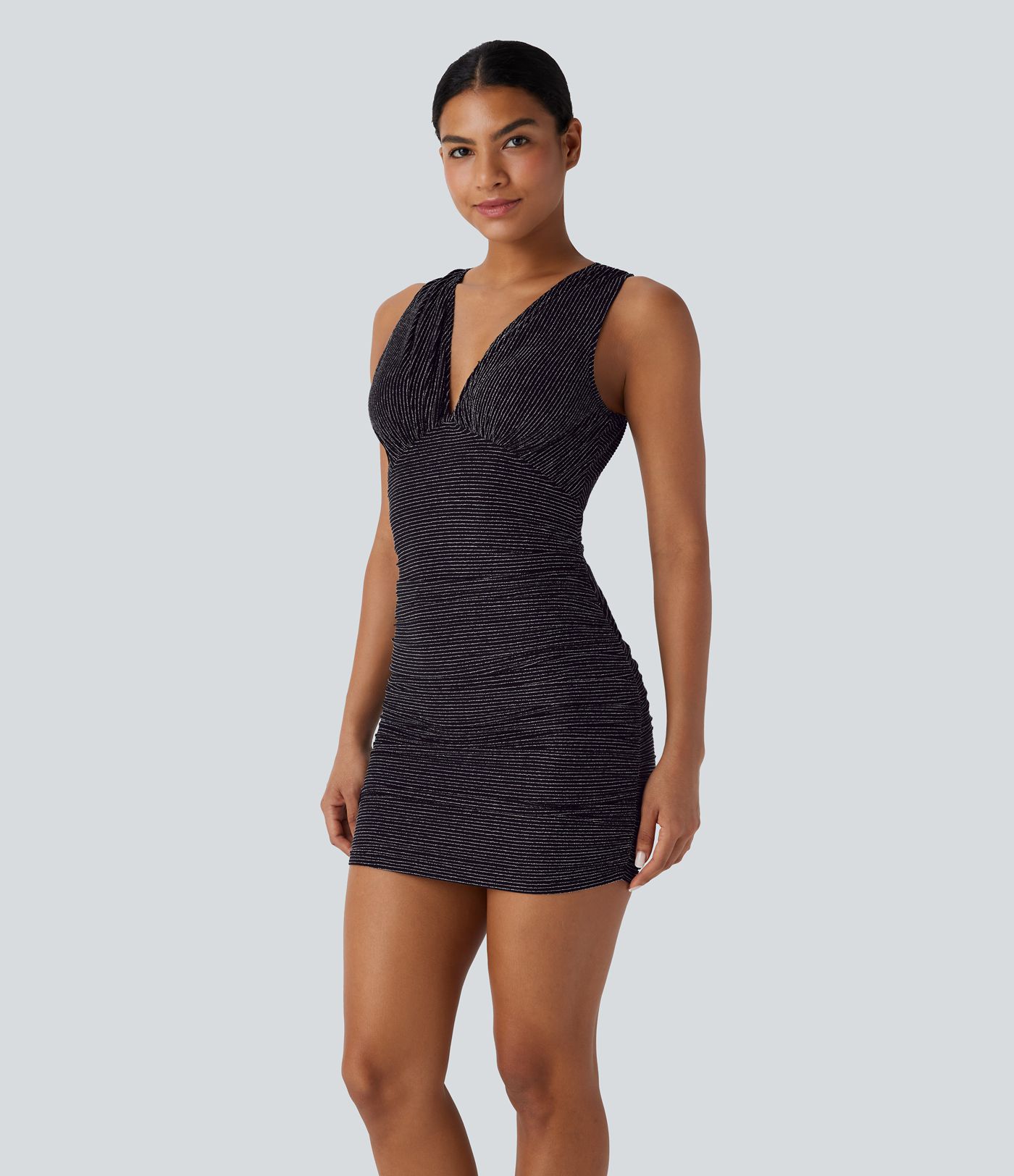 V Neck Sleeveless Ruched Bodycon Sparkle Stripe Mini Casual Dress