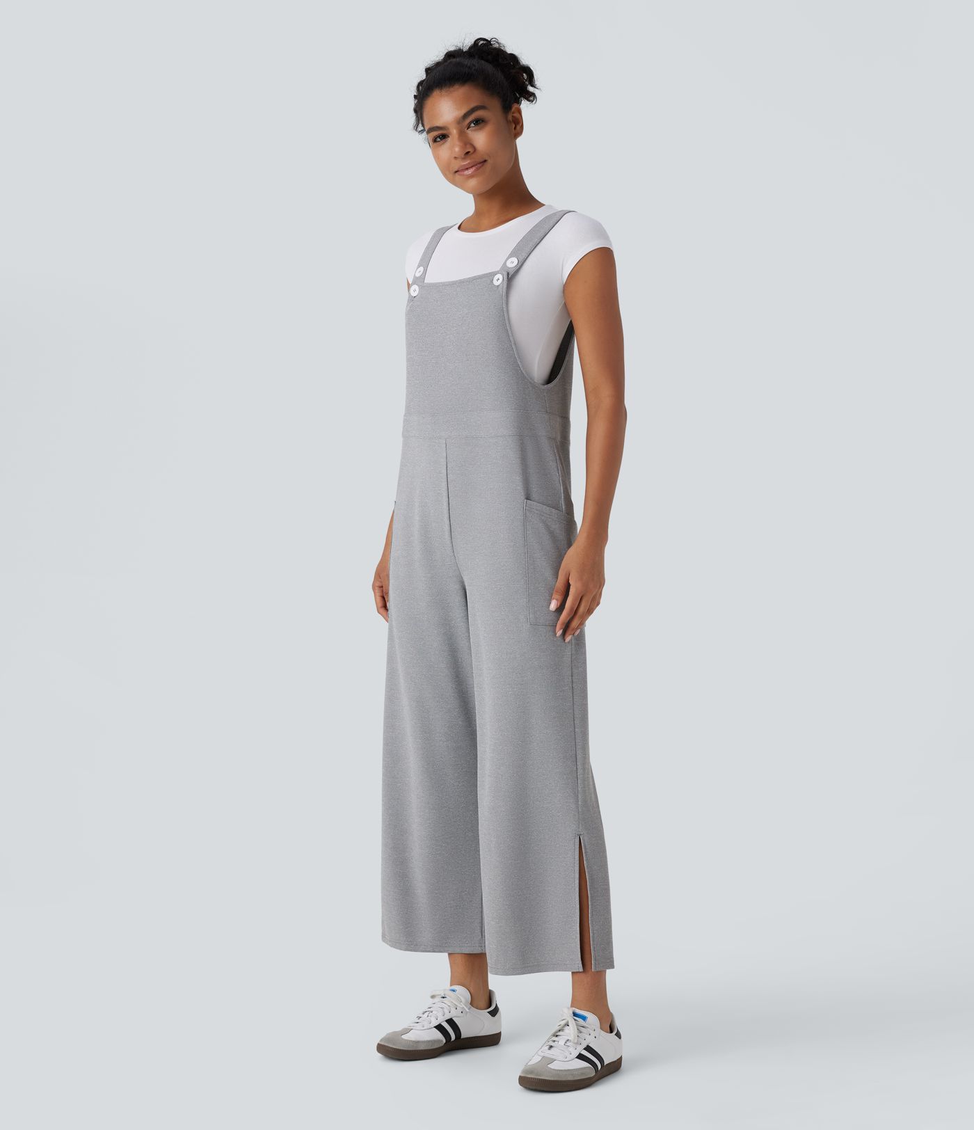 Mono abertura pierna ancha bolsillo lateral botón correa ajustable usar delante detrás