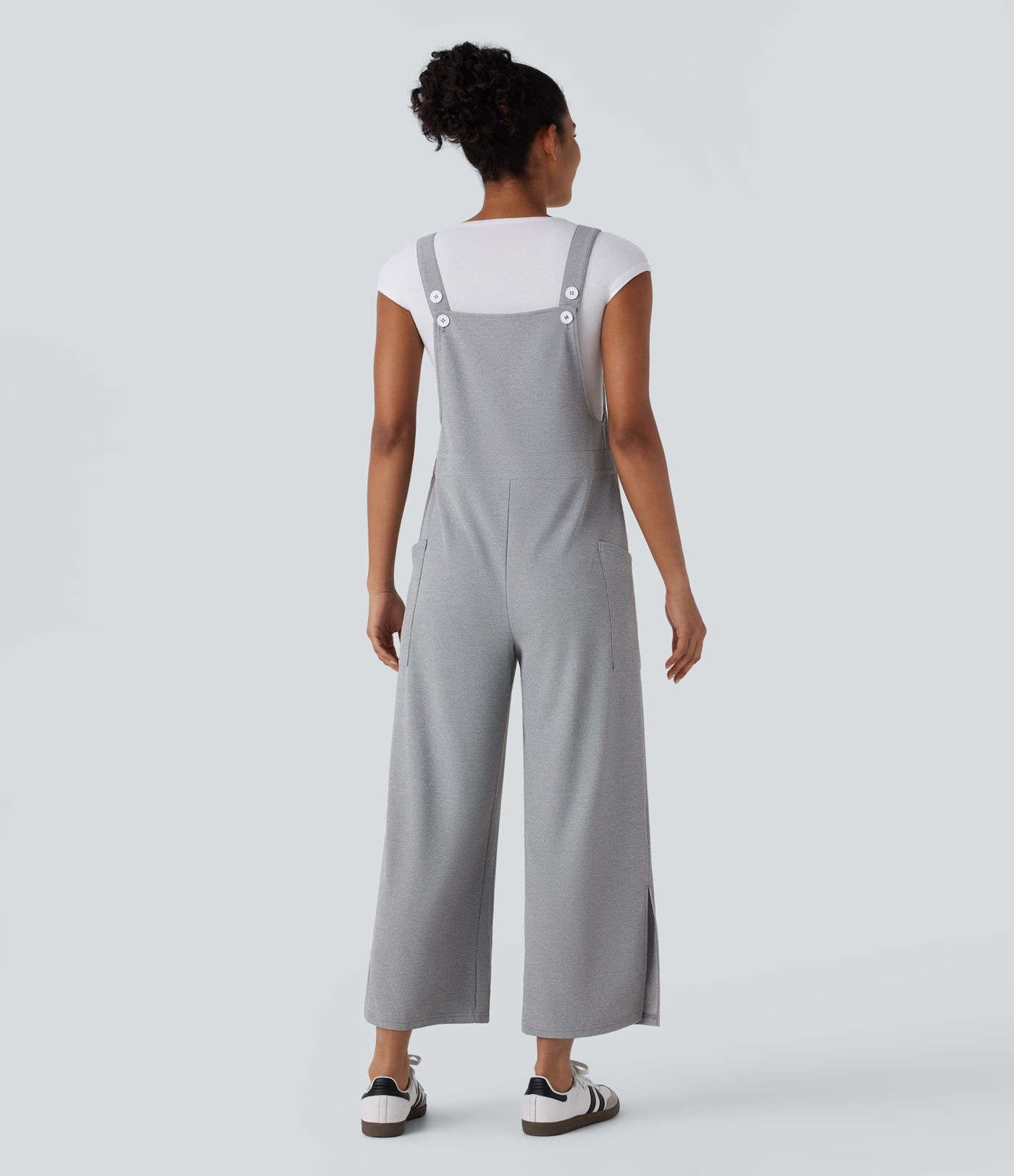 Mono abertura pierna ancha bolsillo lateral botón correa ajustable usar delante detrás