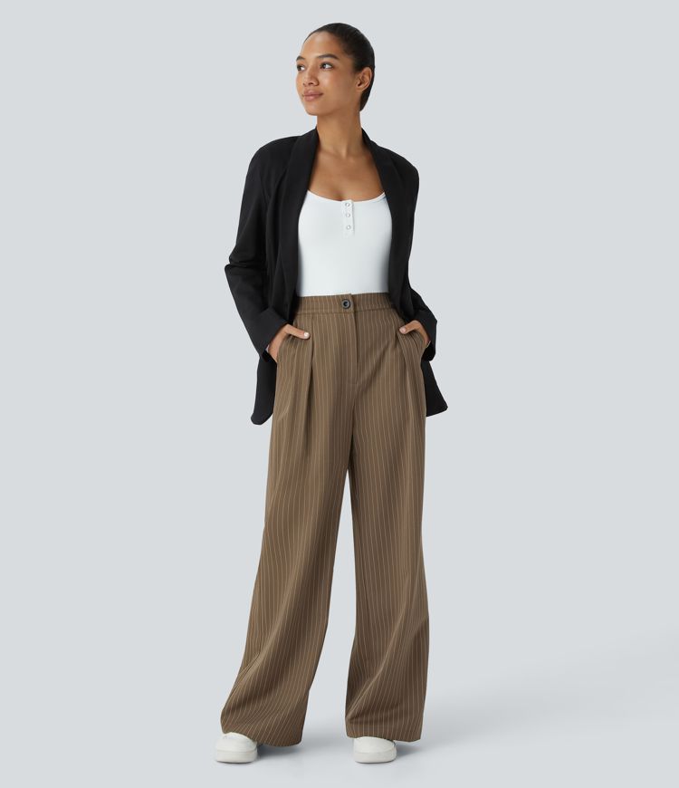 High Waisted Zipper Pocket Wide Leg Striped Work Pants