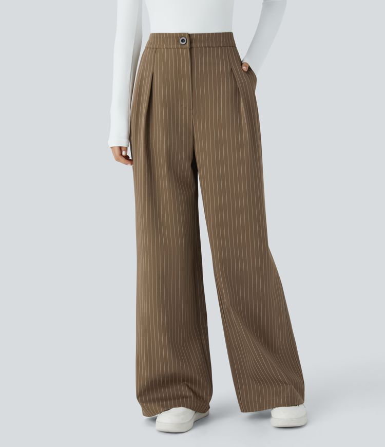 High Waisted Button Zipper Side Pocket Wide Leg Striped Work Pants