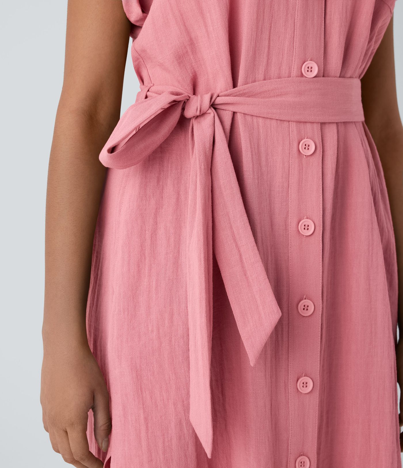 Collared Short Sleeve Button Belted Multiple Pockets Curved Hem Midi Work Linen-Feel Dress