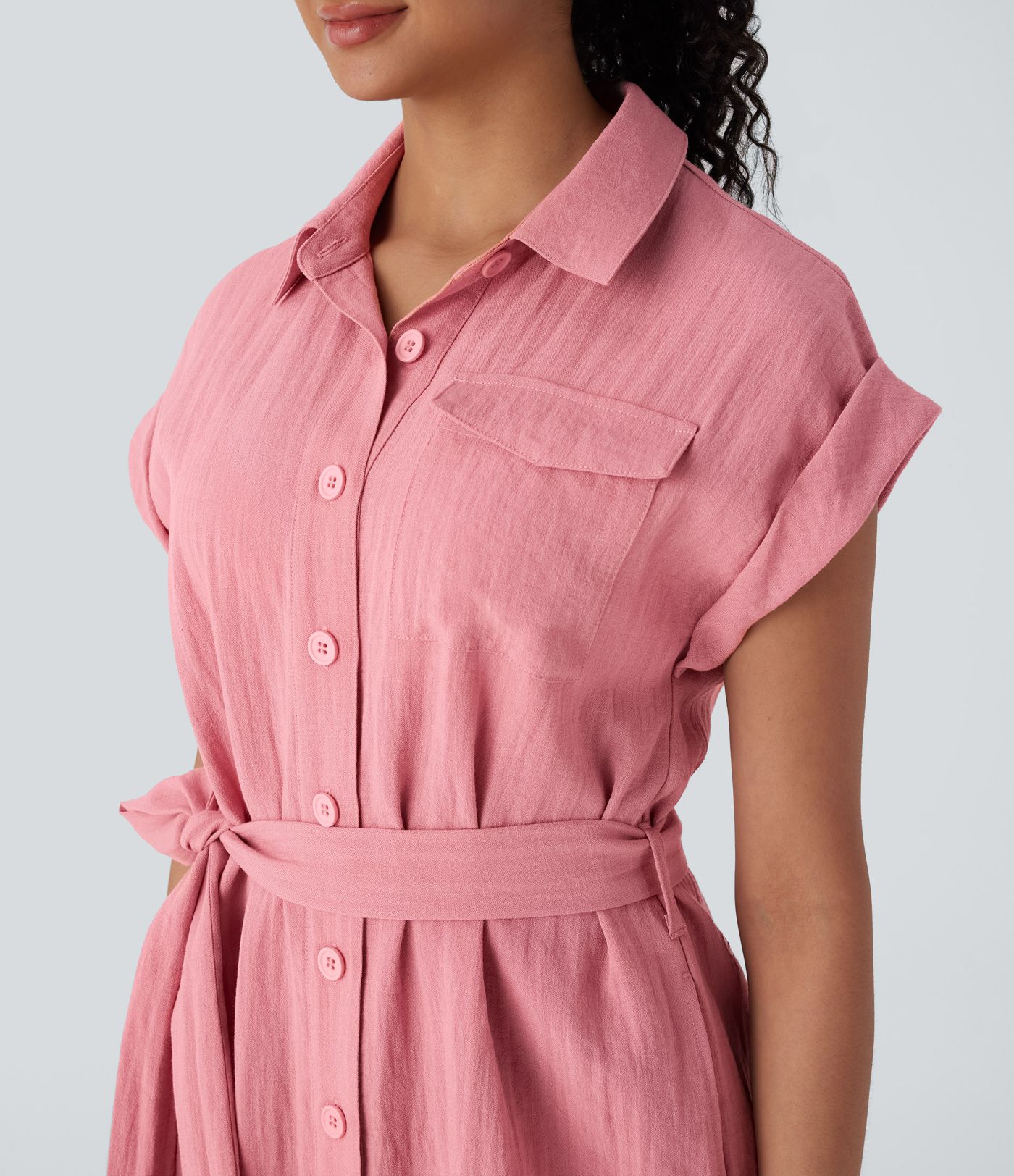 Collared Short Sleeve Button Belted Multiple Pockets Curved Hem Midi Work Linen-Feel Dress