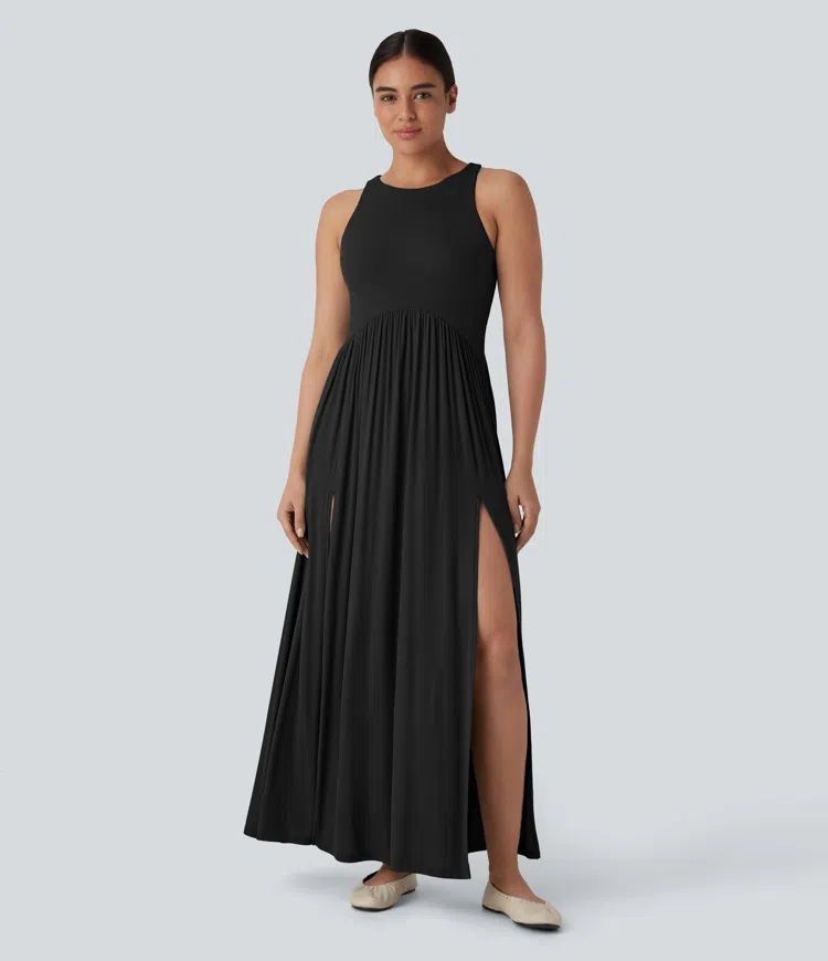 Ribbed Round Neck Racerback Flowy Maxi Casual Dress