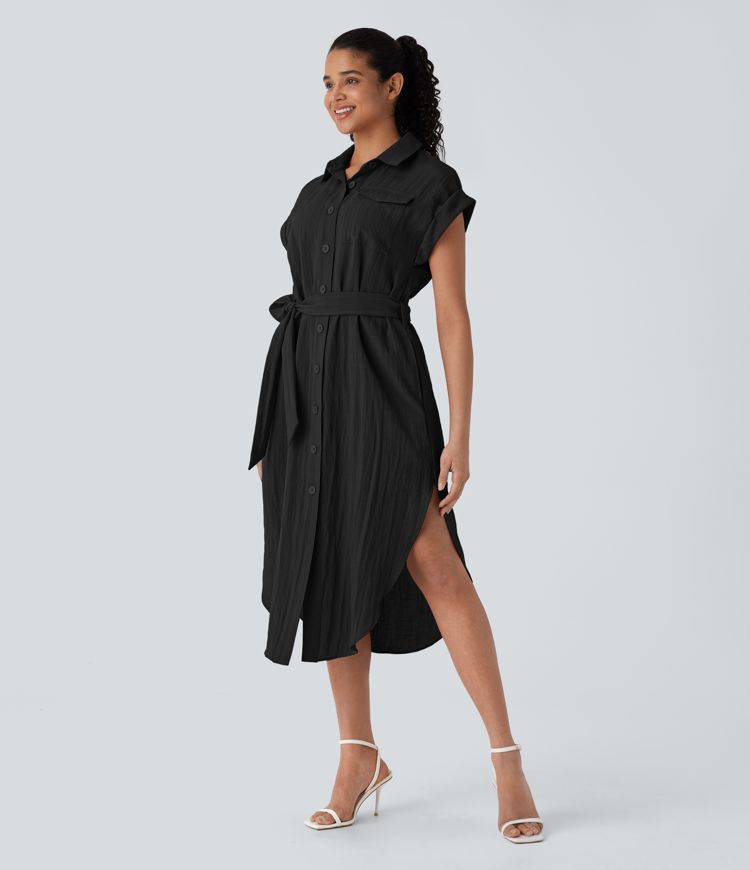 Robe de bureau mi-longue aspect lin avec col, boutons, ceinture et poches multiples