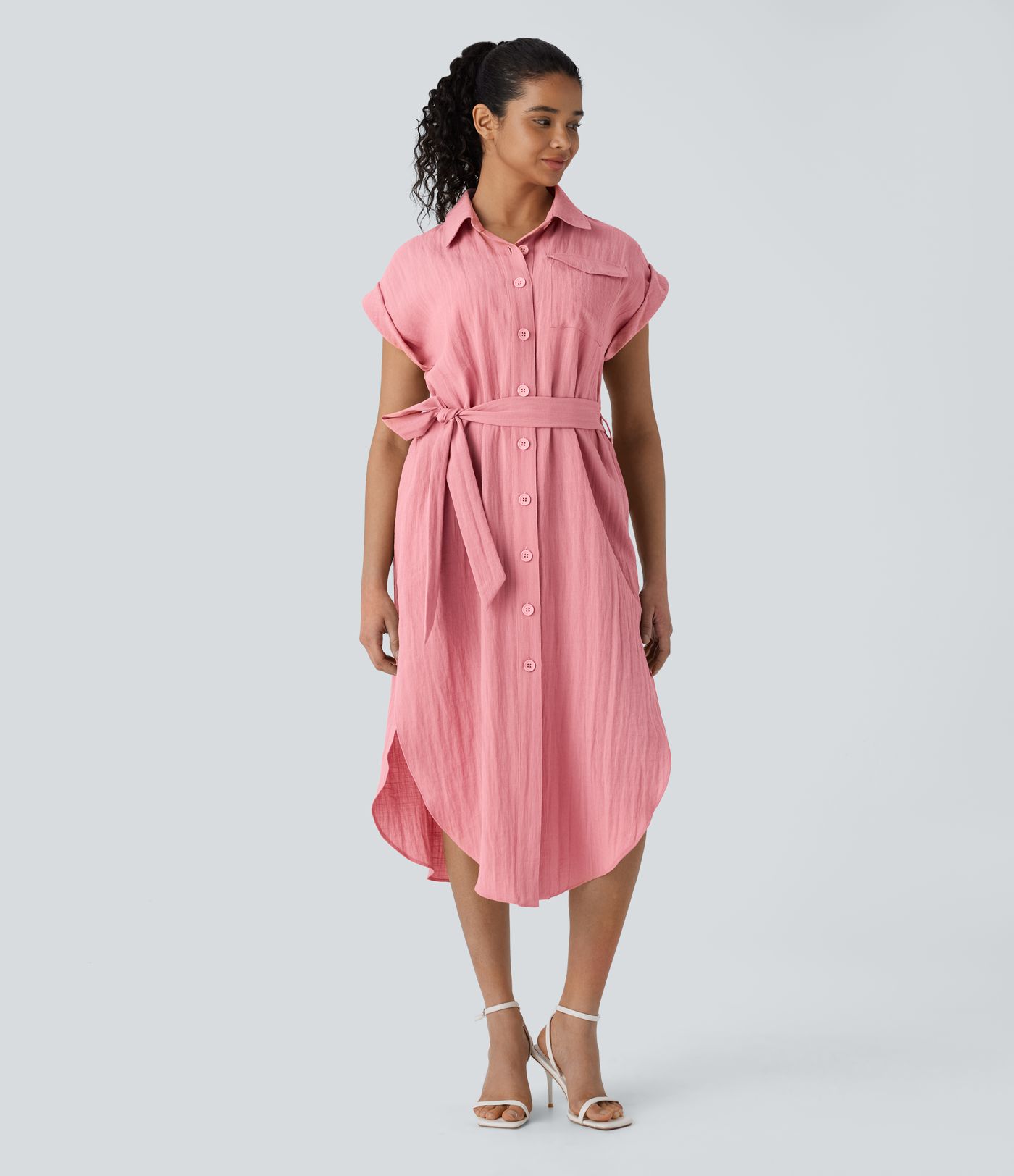 Collared Short Sleeve Button Belted Multiple Pockets Curved Hem Midi Work Linen-Feel Dress