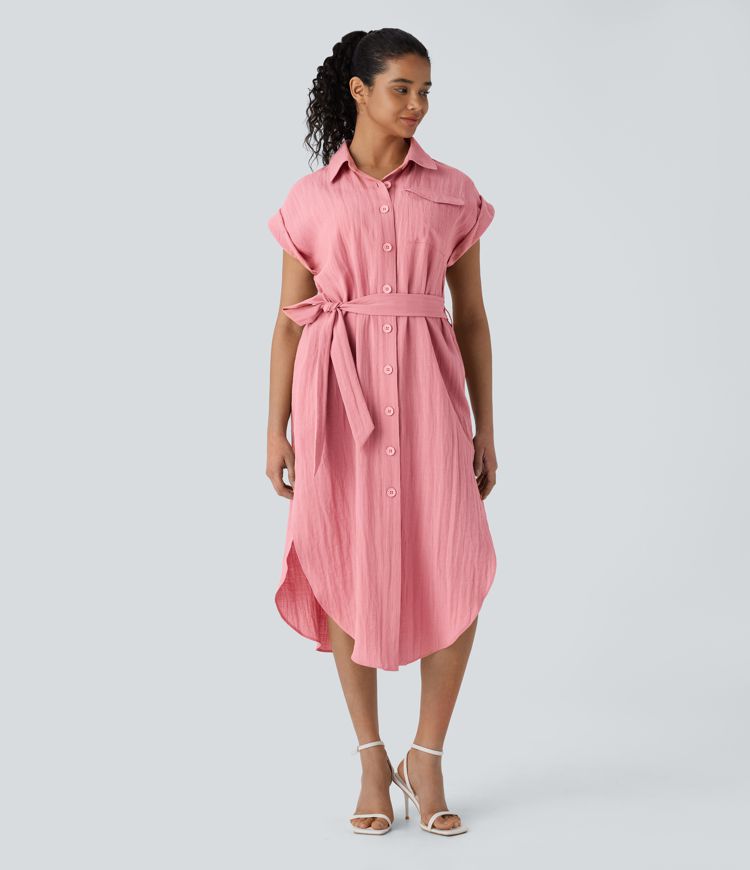 Short Sleeve Belted Pockets Curved Hem Midi Work Linen-Feel Dress