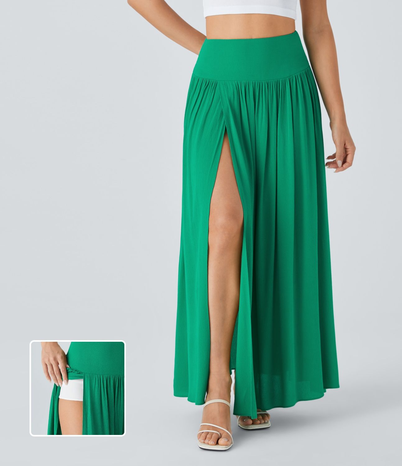 High-waisted pleated split 2-in-1 flowy maxi linen-inspired casual skirt