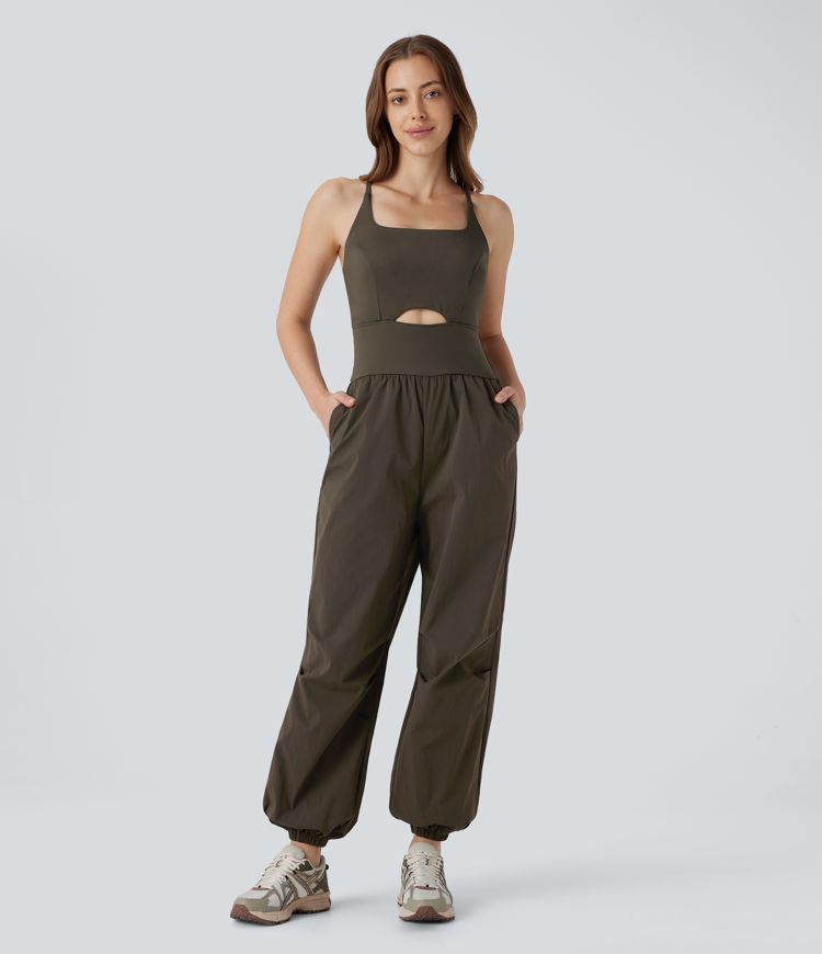 Twilight Green Water Repellent Crisscross Backless Side Pockets Ripstop Hiking Cargo Jumpsuit / 1