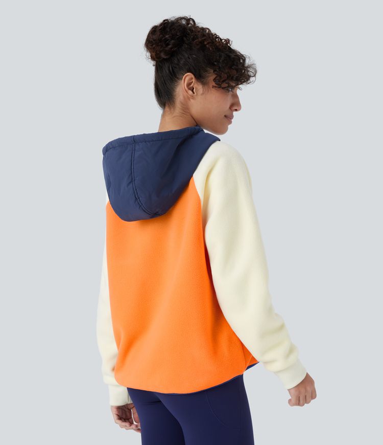 Hooded Drawstring Half Zip Long Sleeve Side Pocket Color Block Fleece Hiking Jacket