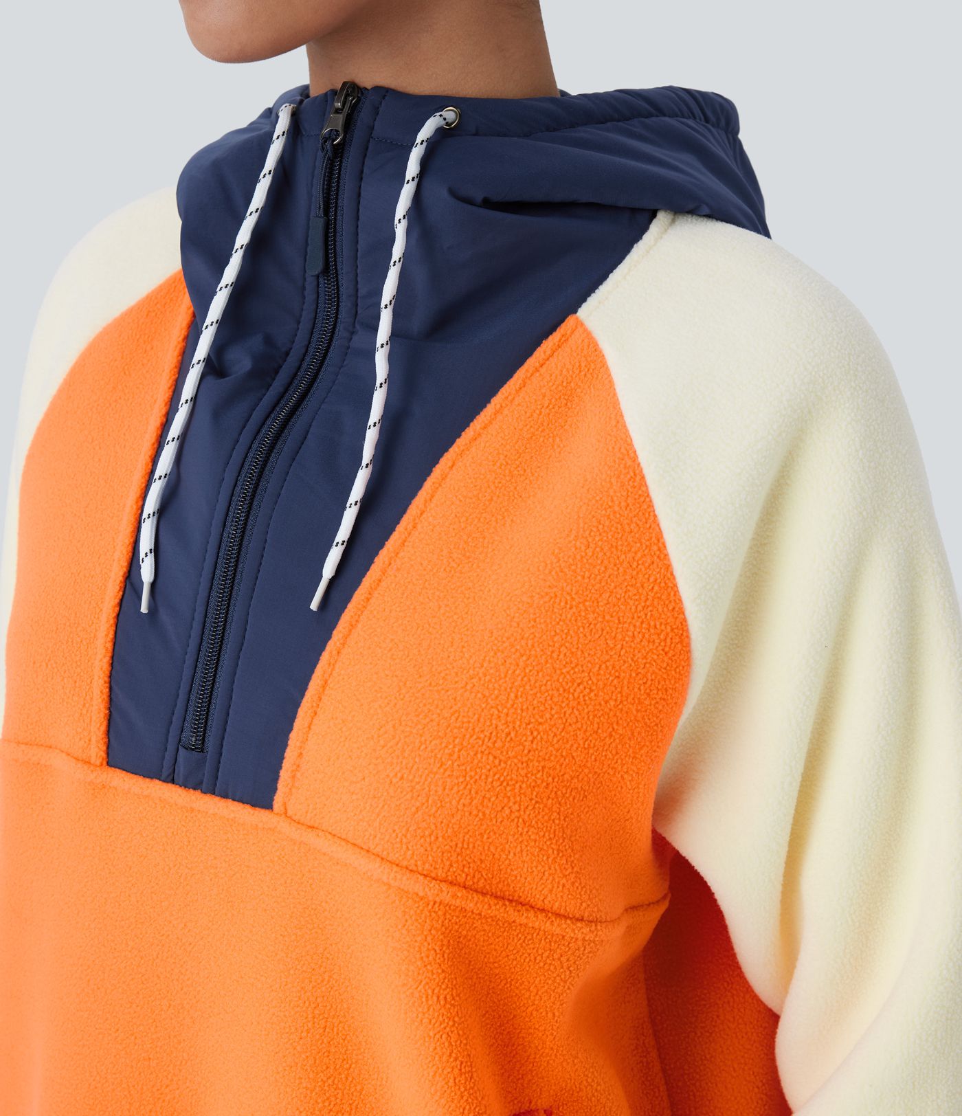 Hooded Drawstring Half Zip Long Sleeve Pocket Color Block Fleece Hiking Jacket
