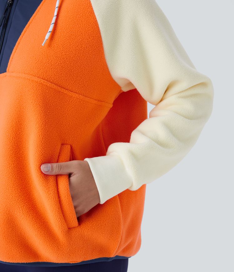 Hooded Drawstring Half Zip Long Sleeve Pocket Color Block Fleece Hiking Jacket