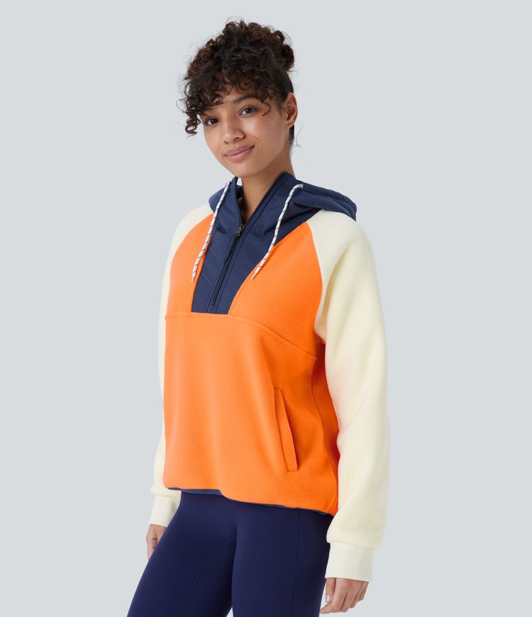 Hooded Drawstring Half Zip Long Sleeve Side Pocket Color Block Fleece Hiking Jacket