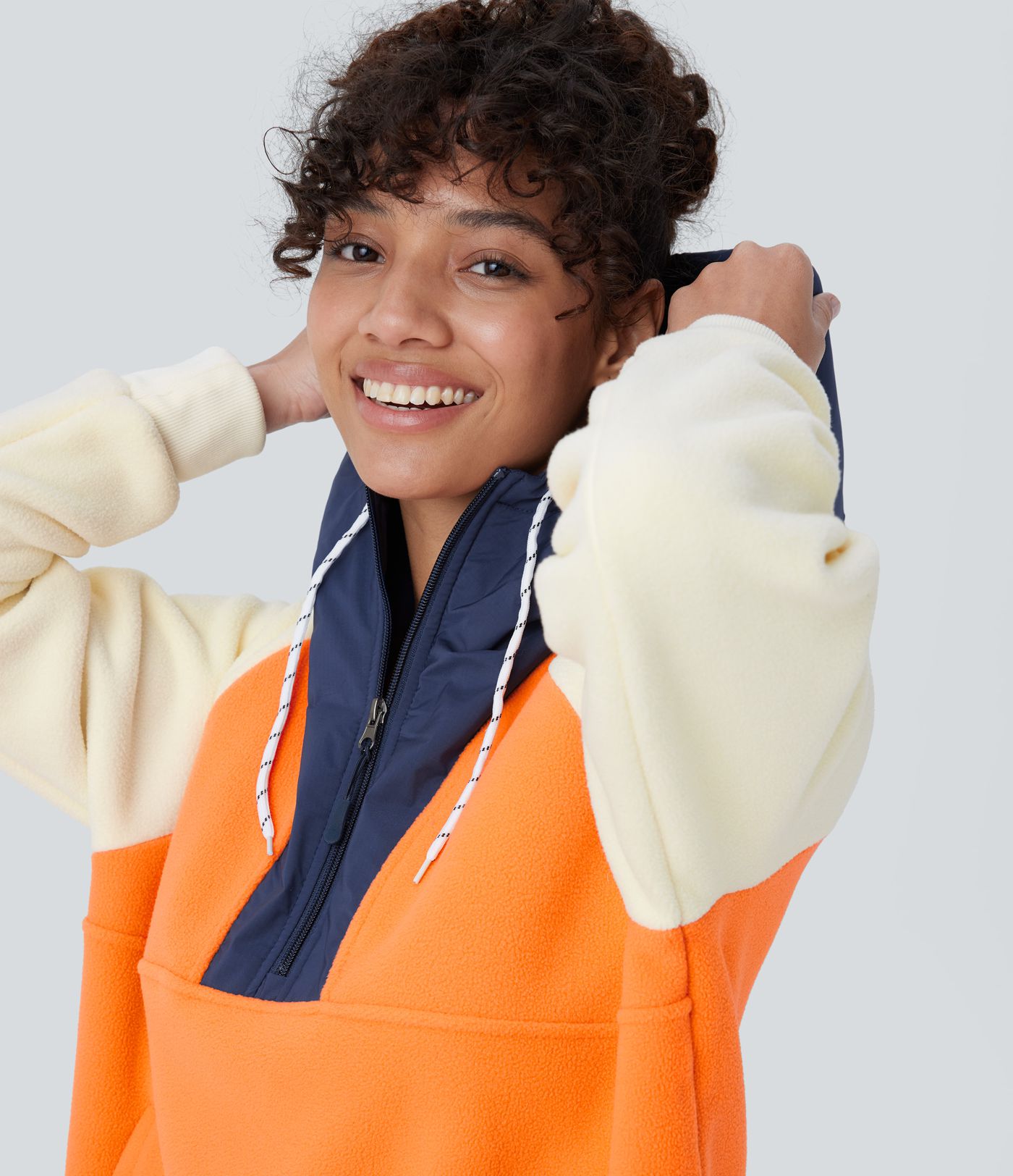 Hooded Drawstring Half Zip Long Sleeve Pocket Color Block Fleece Hiking Jacket