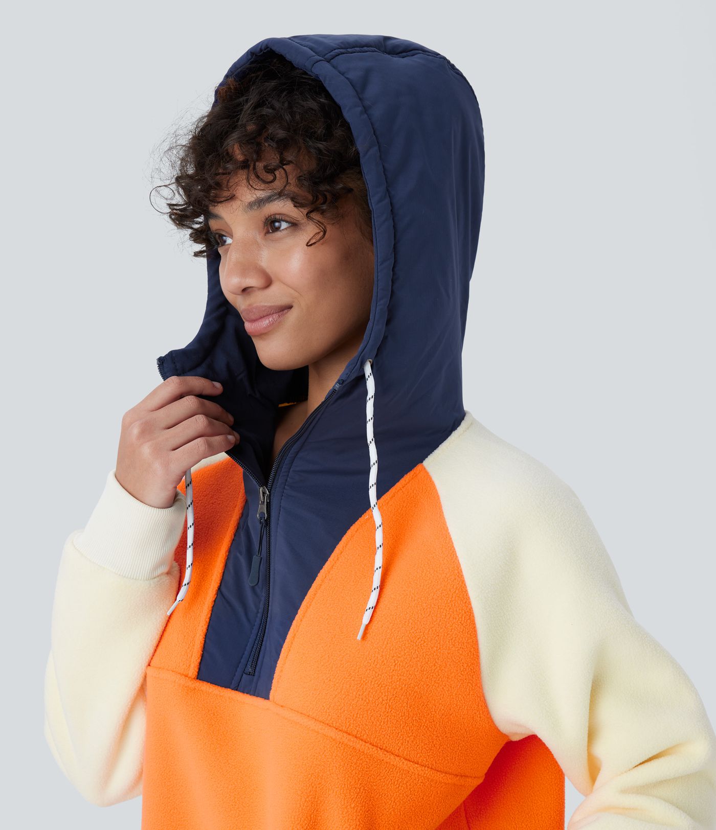 Hooded Drawstring Half Zip Long Sleeve Pocket Color Block Fleece Hiking Jacket