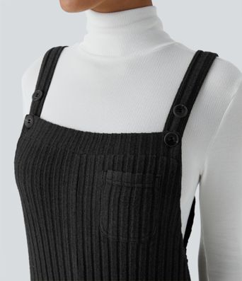 Ribbed Knit Pockets Casual Overalls