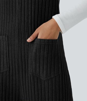 Ribbed Knit Pockets Casual Overalls