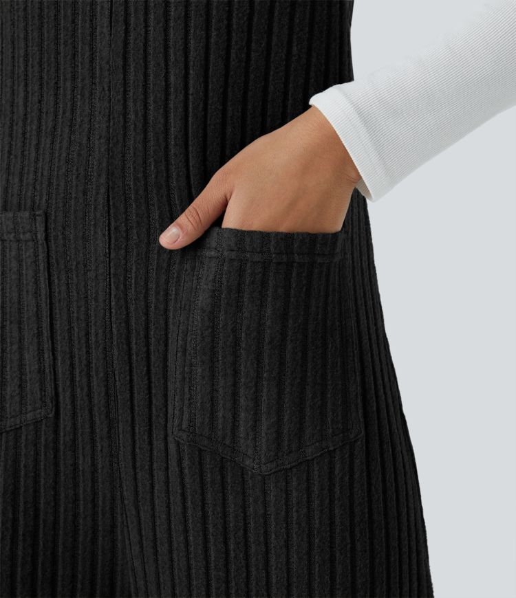 Ribbed Knit Pockets Casual Overalls