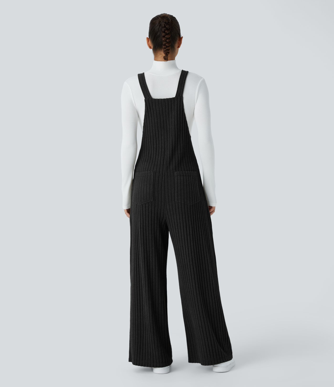 Ribbed Knit Pockets Casual Overalls