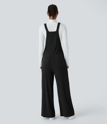 Ribbed Knit Pockets Casual Overalls