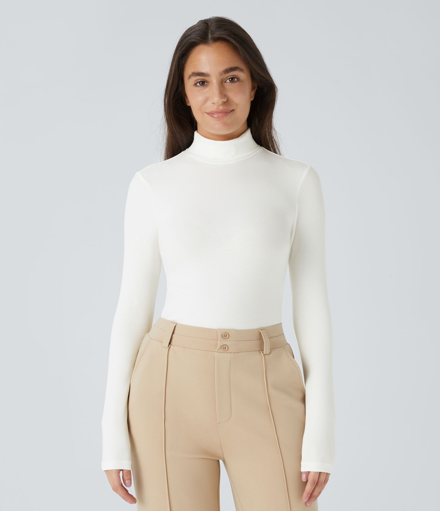 Ribbed Knit High Neck Long Sleeve Work Bodysuit