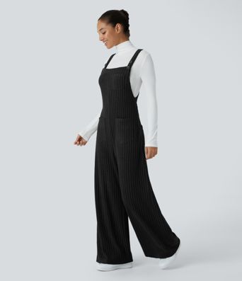Ribbed Knit Pockets Casual Overalls