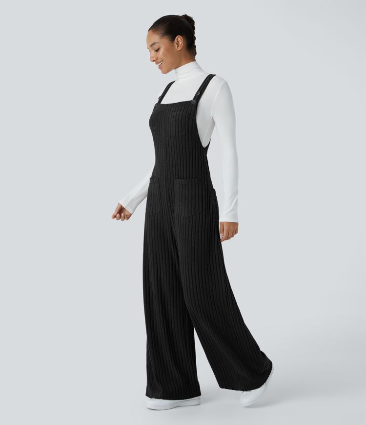 Ribbed Knit Pockets Casual Overalls