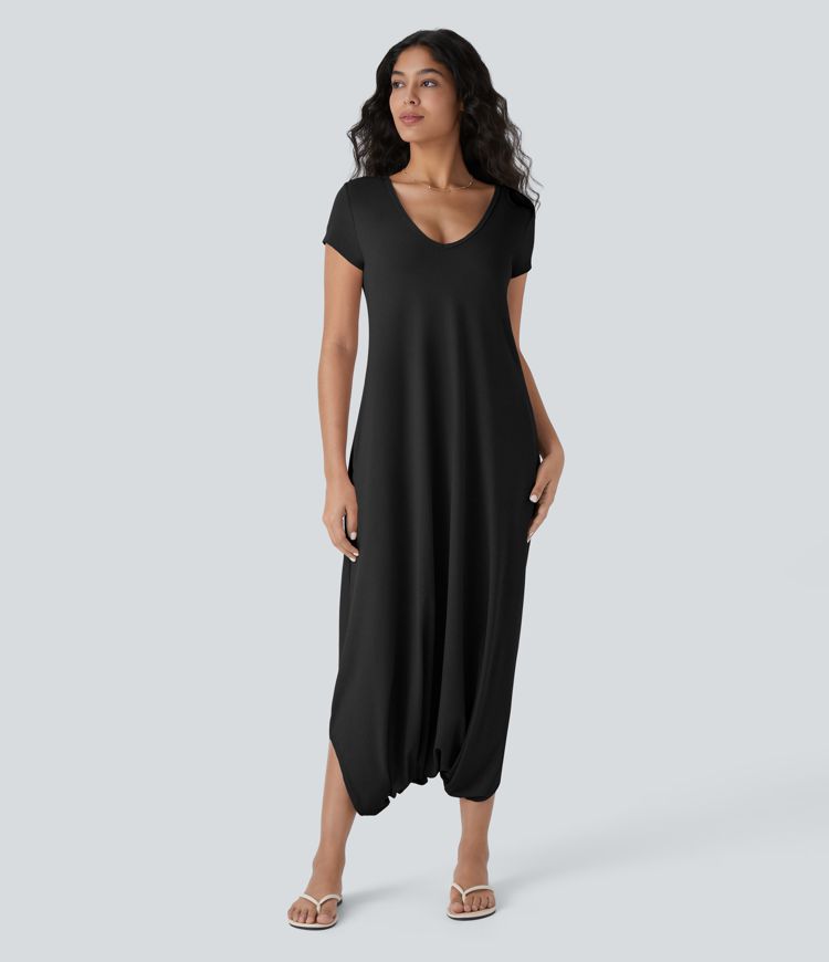 Mono vacación cuello en V manga corta bolsillo lateral cruzado entrepierna caída