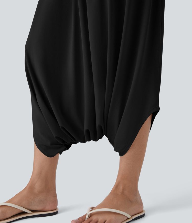 Mono vacación cuello en V manga corta bolsillo lateral cruzado entrepierna caída