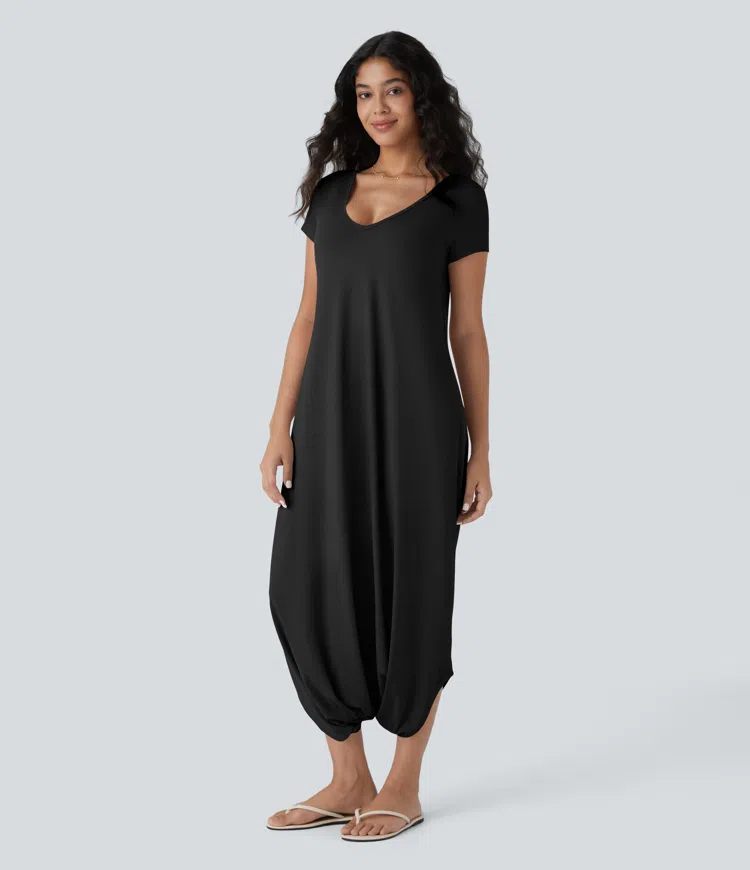 V-neck short sleeve cross strap side pockets drop crotch vacation look jumpsuit
