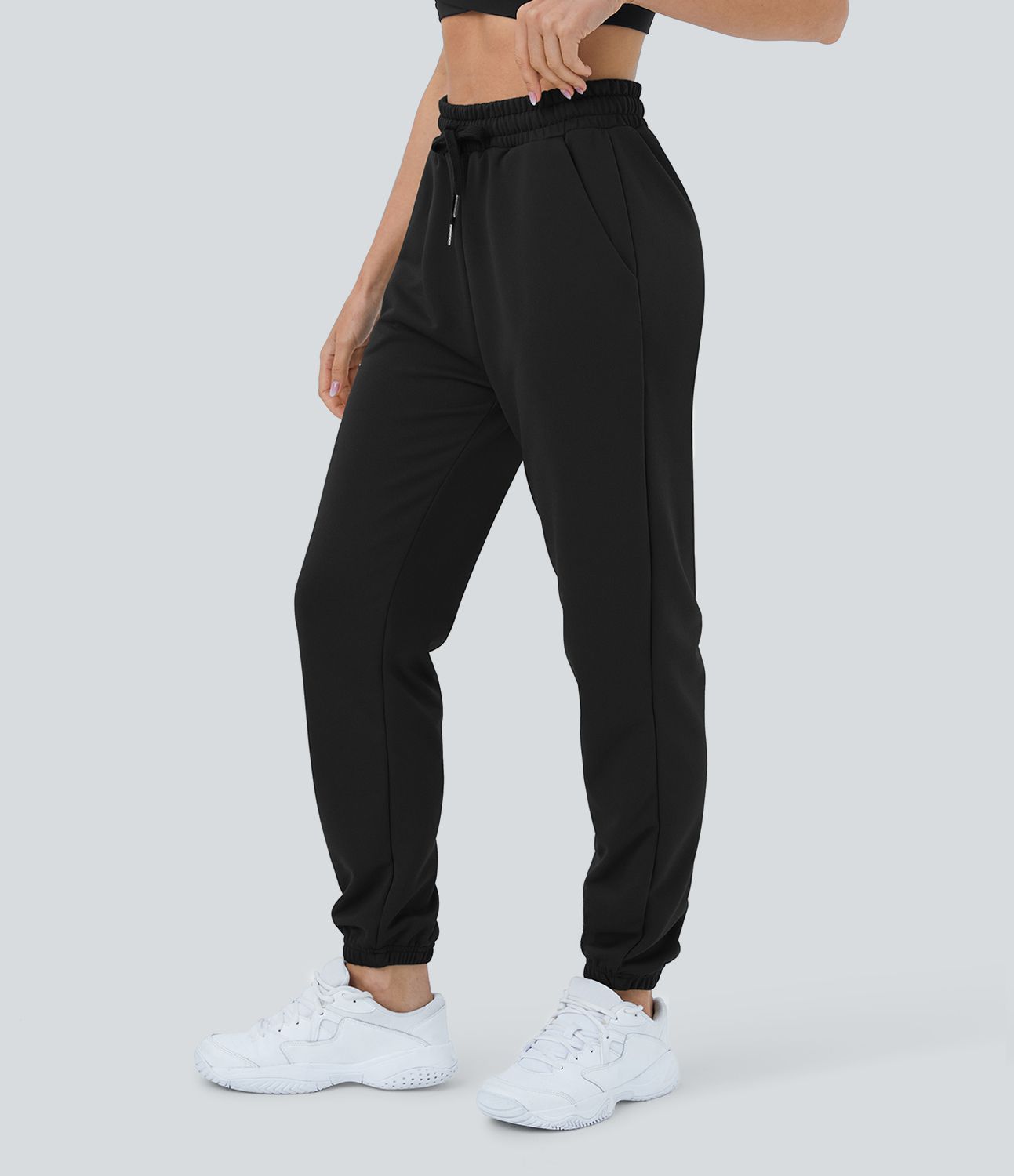 High Waist Drawstring Side Pocket Plain Casual Cotton Sweatpants