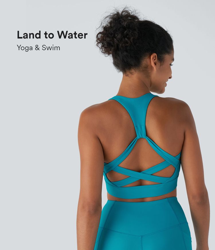 Land to Water U Neck Backless Crisscross Yoga Bikini Top Swimsuit