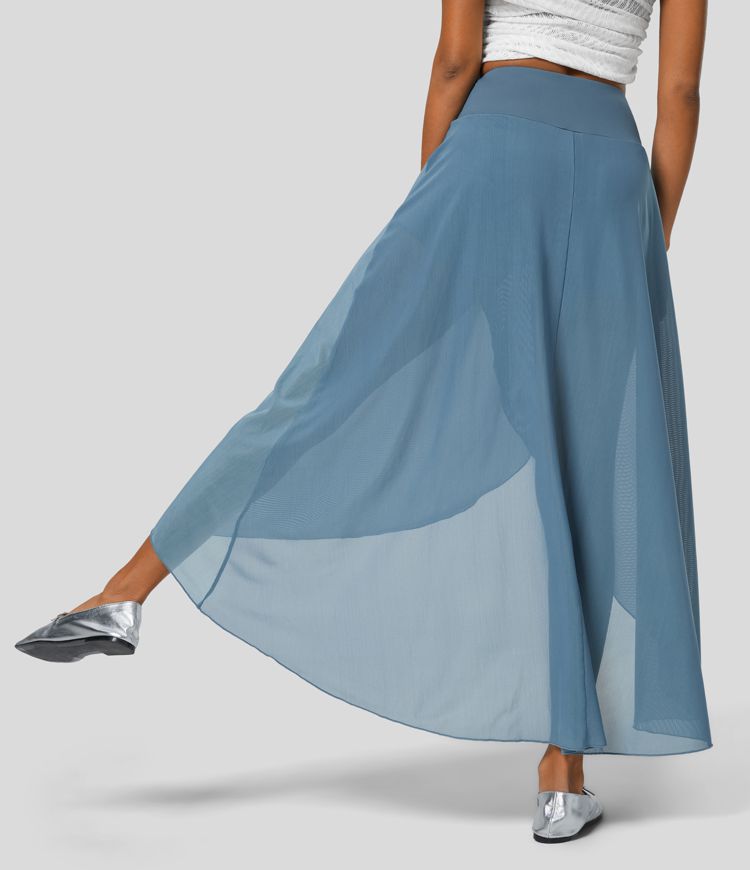 High Waisted High Low Ruffle 2-in-1 Side Pocket Flare Mesh Casual Regular Maxi Skirt