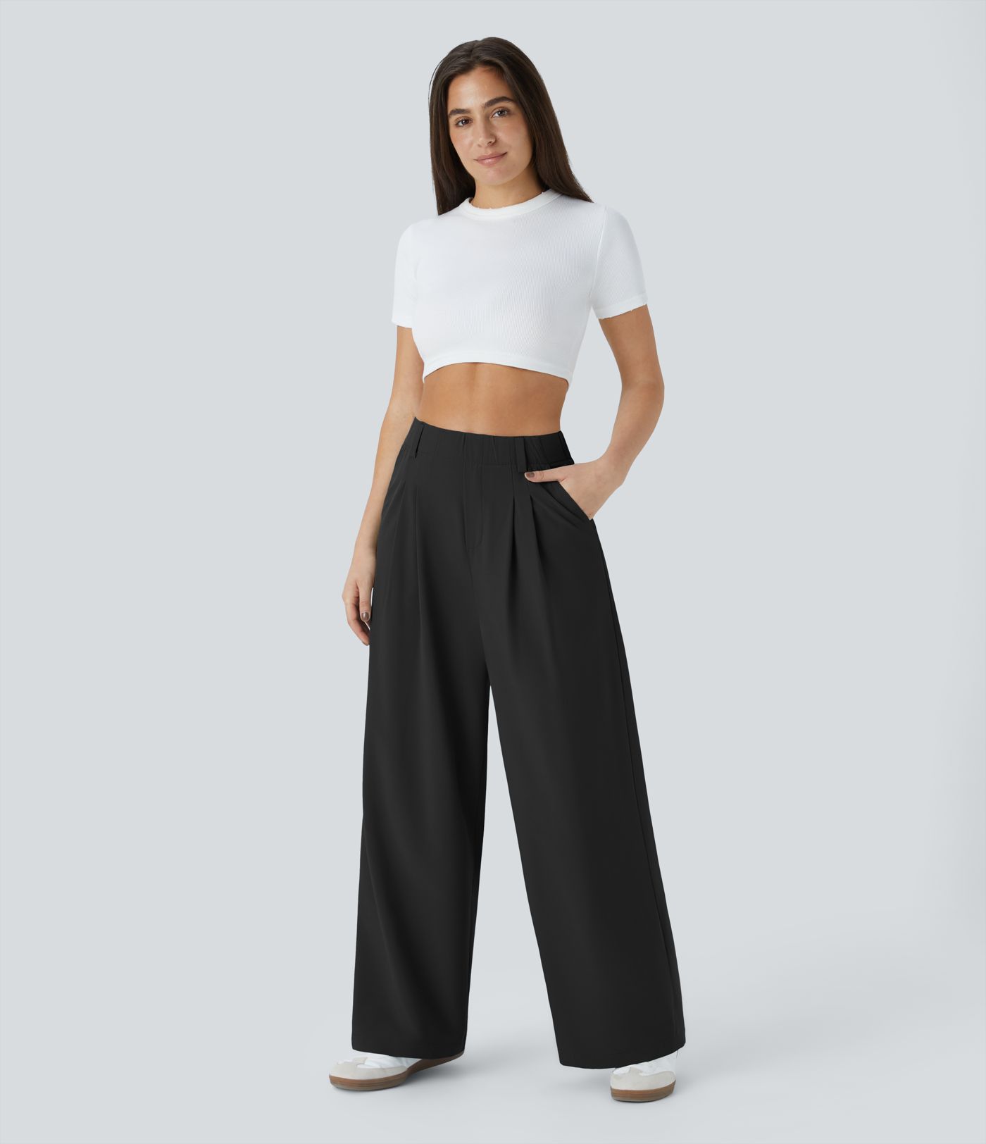 Breezeful™ High Waisted Side Pocket Wide Leg Flowy Solid Palazzo Quick Dry Casual Trousers