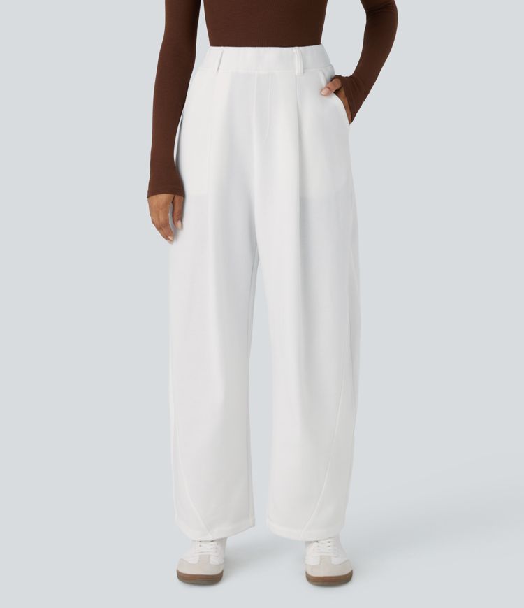 Pantalon décontracté molletonné taille haute à plis avec poches latérales et jambes amples