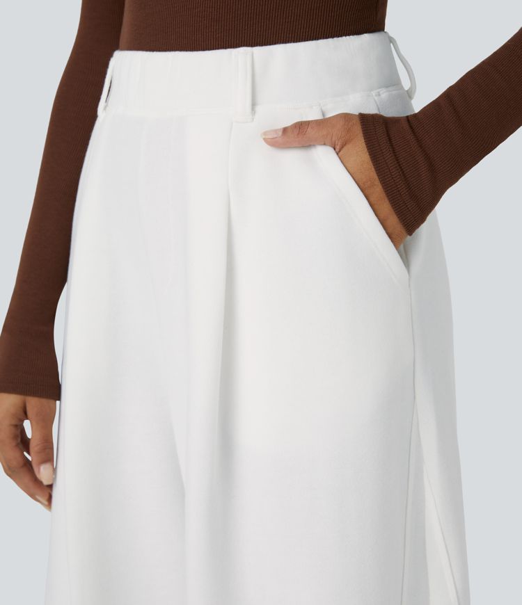 Pantalon décontracté molletonné taille haute à plis avec poches latérales et jambes amples