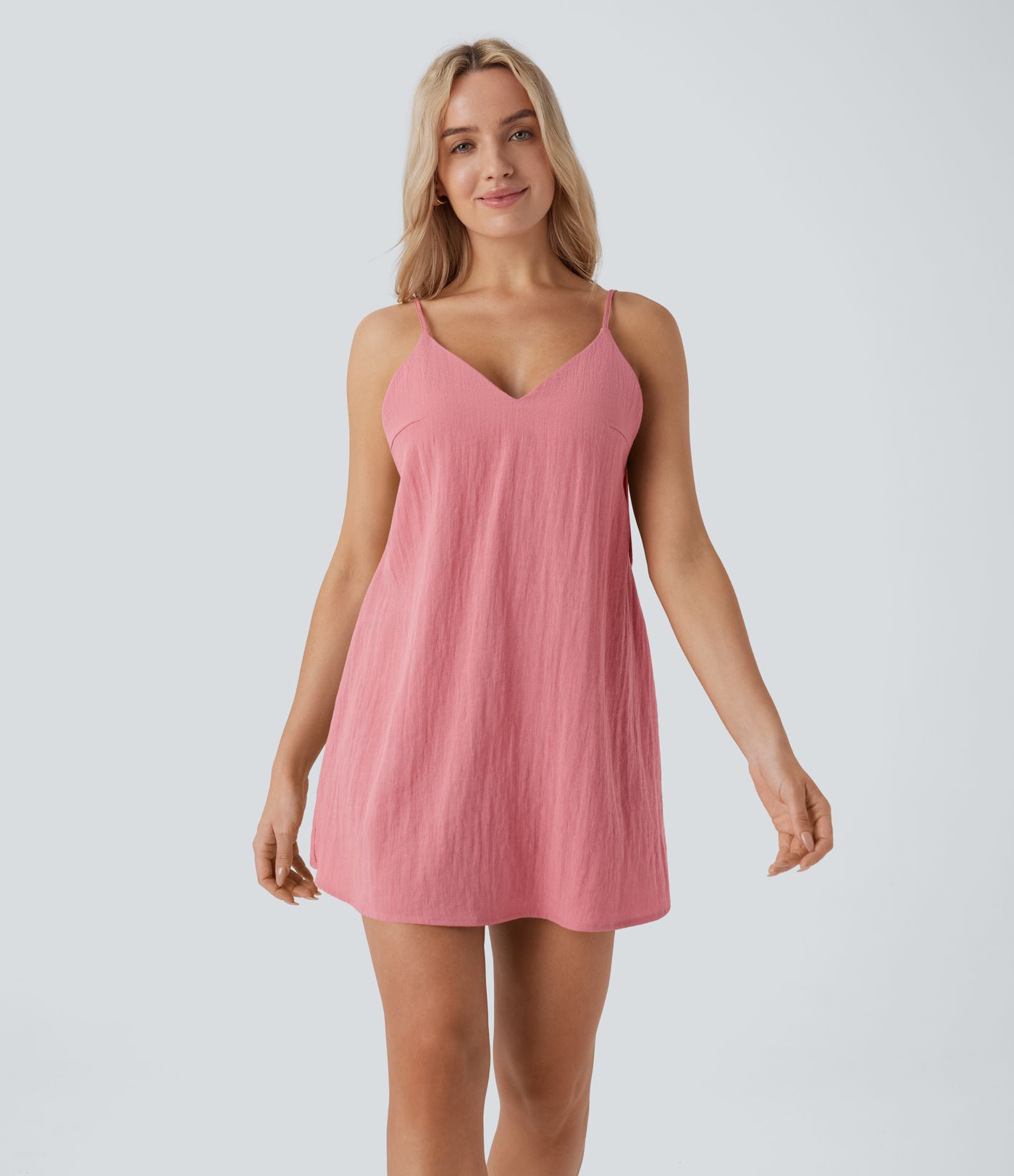 Robe courte aspect lin décolletée en V pour les vacances, à bretelles réglables, dos nu avec lien à nouer et poches latérales