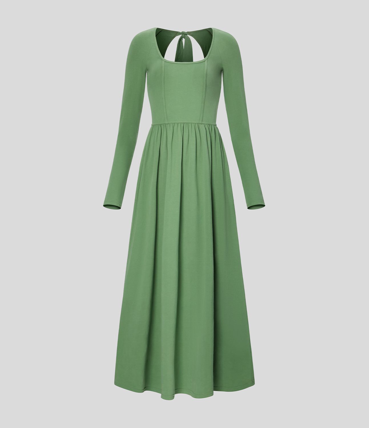 Langärmliges, rückenfreies, plissiertes, lässiges Maxikleid aus Baumwolle mit U-Ausschnitt und zurückbindendem Design