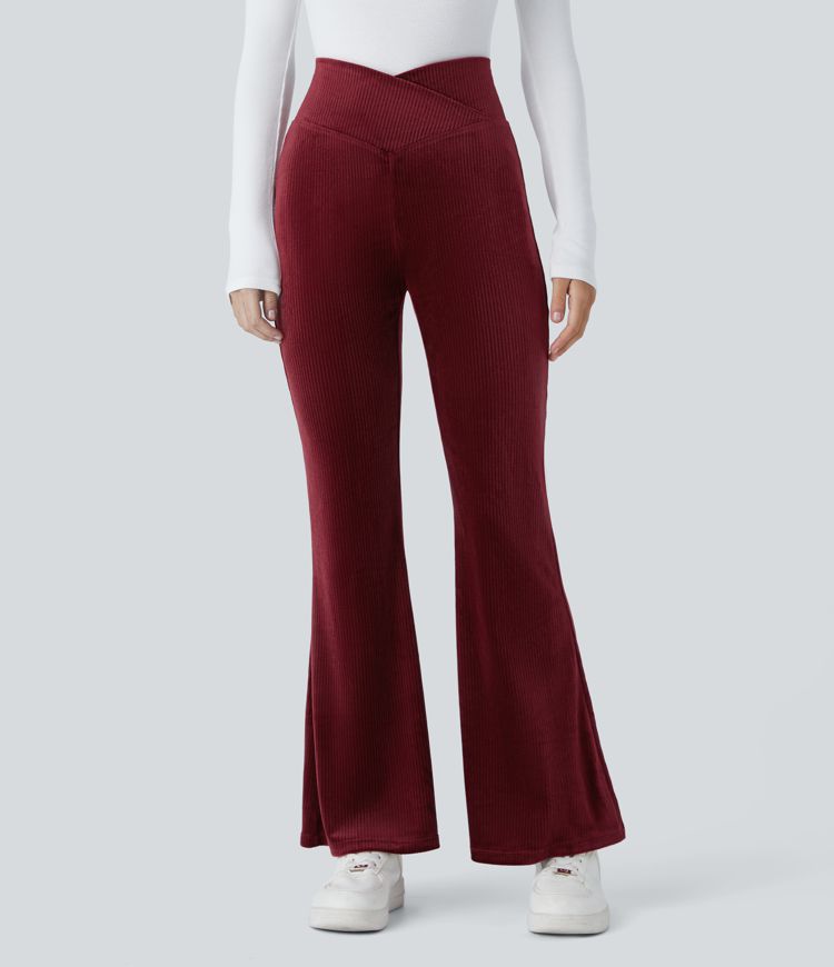 Pantalón acampanado bolsillo trasero cruzado tiro alto terciopelo acanalado