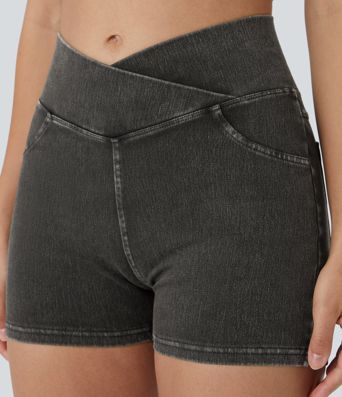 Halara Flex™ High Waisted Crossover Pocket Denim Casual Shorts 3"