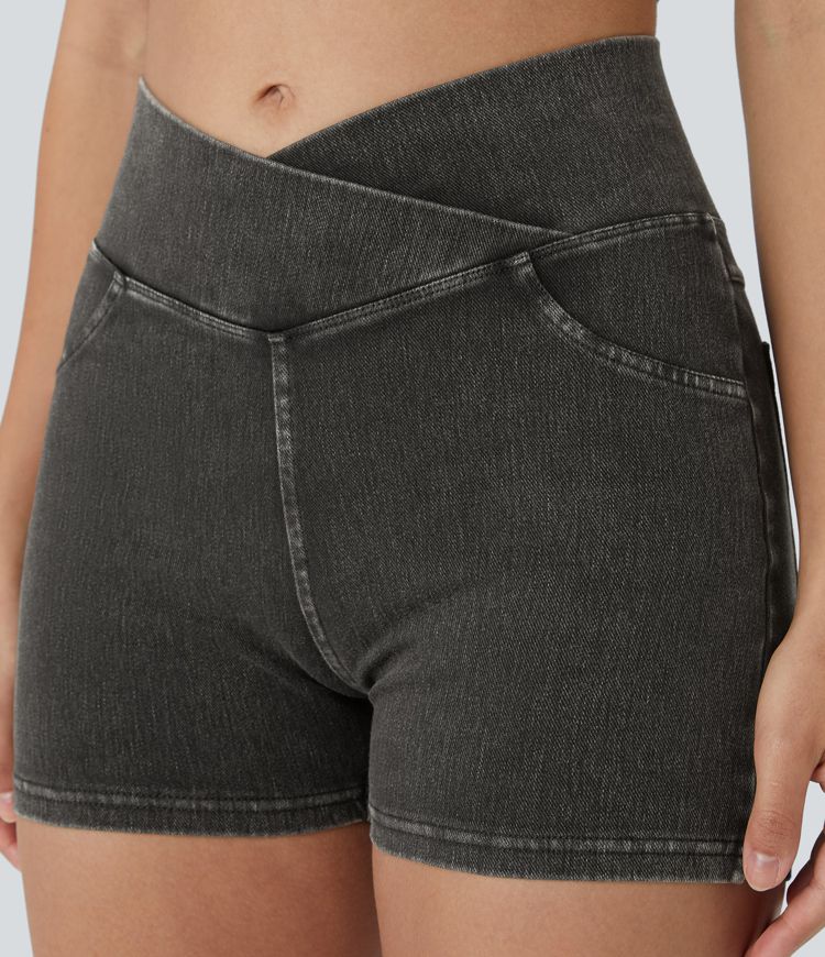 Halara Flex™ High Waisted Crossover Pocket Denim Casual Shorts 3"