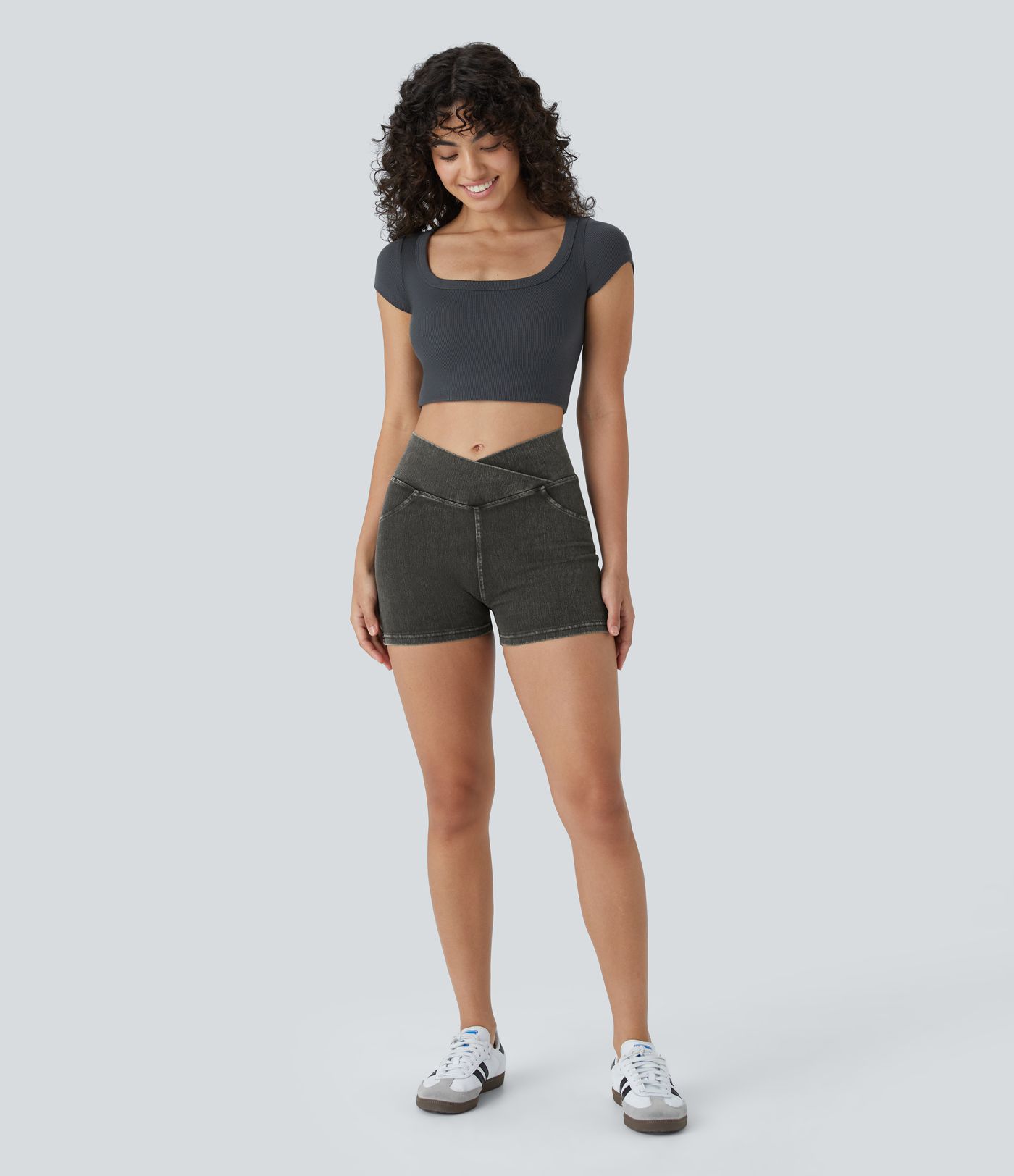 Halara Flex™ High Waisted Crossover Pocket Denim Casual Shorts 3"