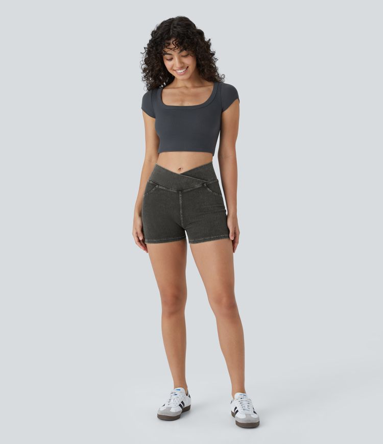Halara Flex™ High Waisted Crossover Pocket Denim Casual Shorts 3"