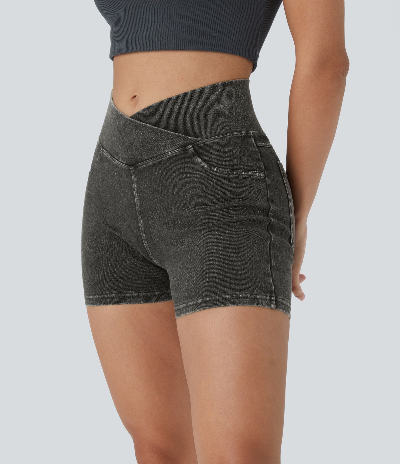 Halara Flex™ High Waisted Crossover Pocket Denim Casual Shorts 3"