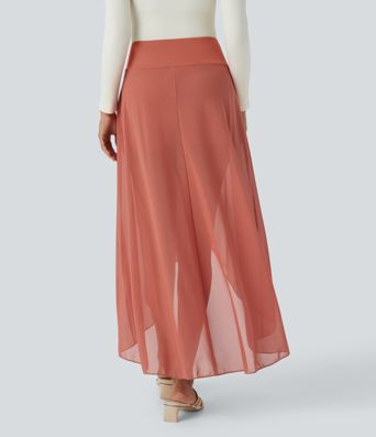 High Waisted High Low Ruffle 2-in-1 Pocket Flare Mesh Casual Regular Maxi Skirt