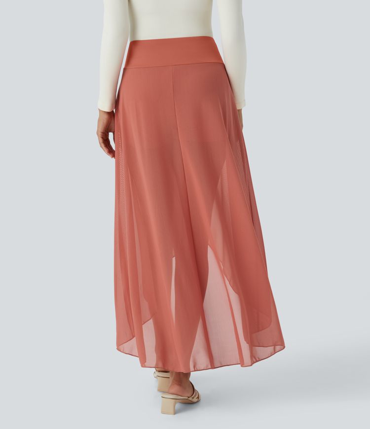 High Waisted High Low Ruffle 2-in-1 Pocket Flare Mesh Casual Regular Maxi Skirt