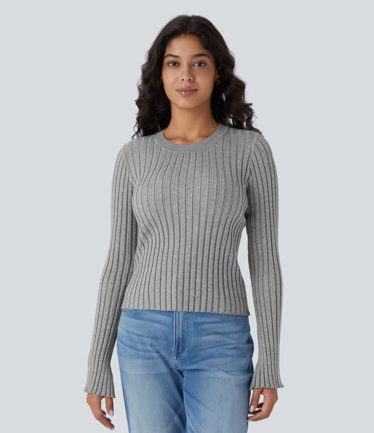 Pull Décontracté à Col Rond, Manches Longues et Volants